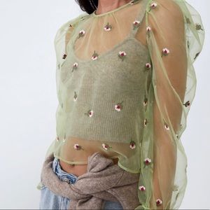 ZARA Embroidered Pale Green Organza Top, NWT